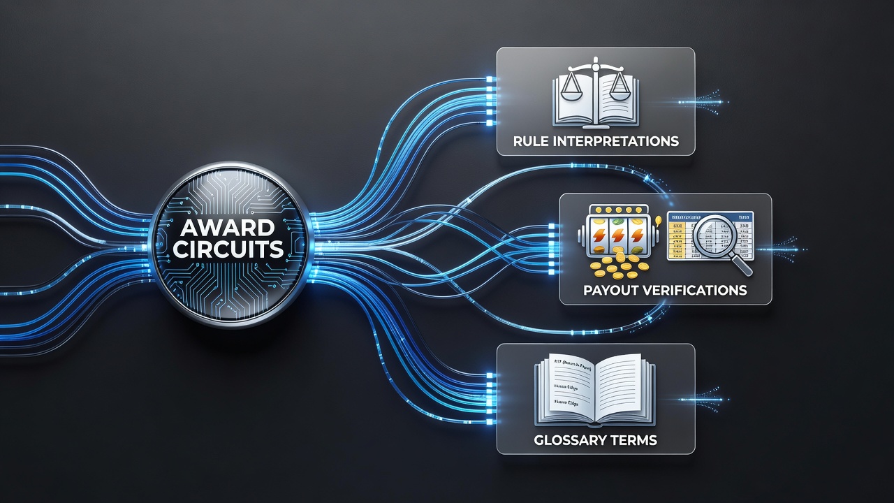 Casino award circuit diagram showing connections between accolades, rule books, payout logs, and standardized glossary entries