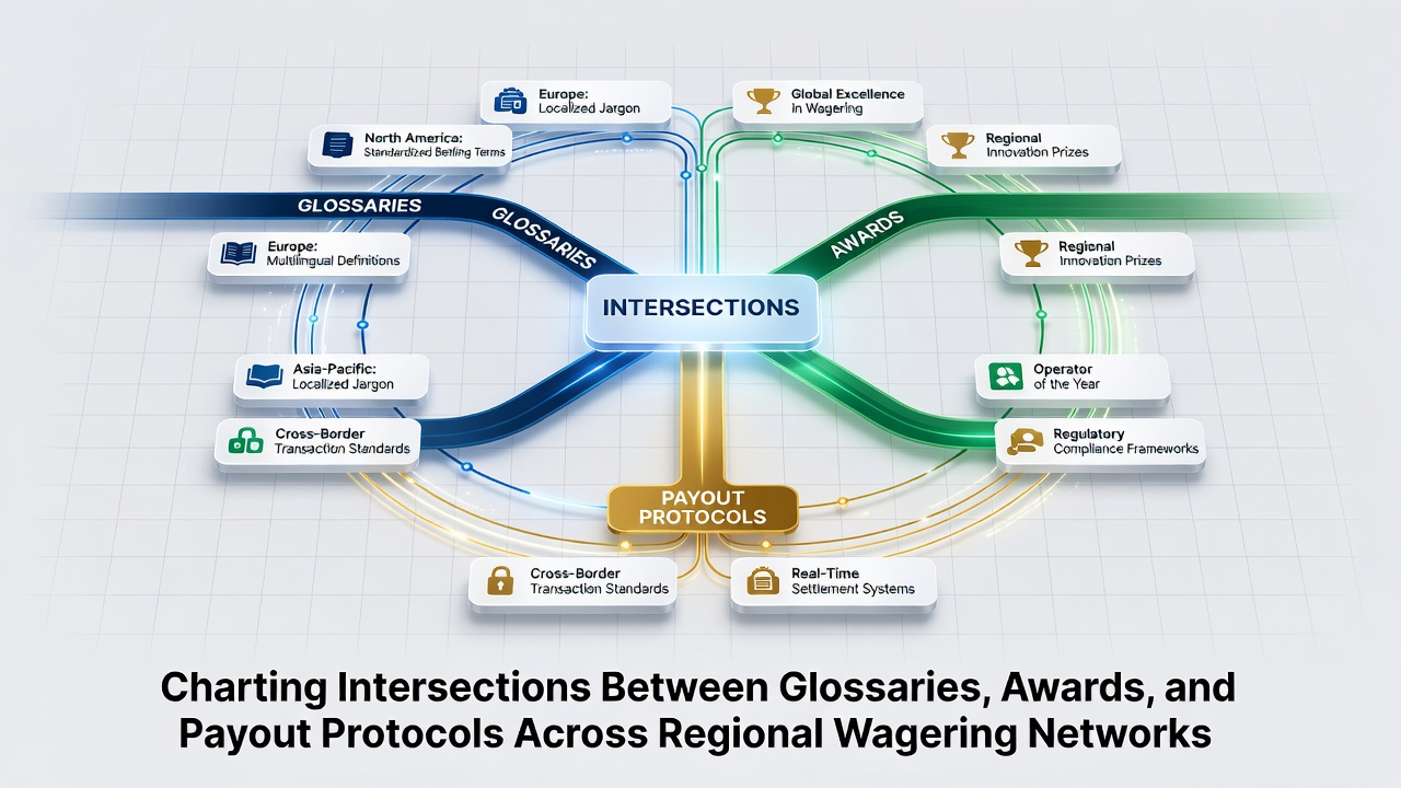 Regional wagering network diagrams showing connections between standardized glossaries, industry awards, and cross-border payout protocols