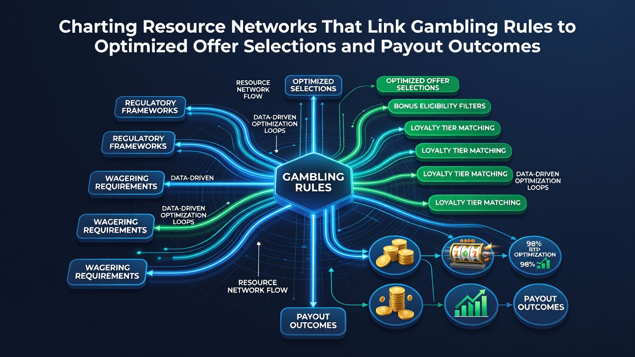Diagram showing interconnected nodes between regulatory rules, resource databases, and payout optimization pathways in gambling networks