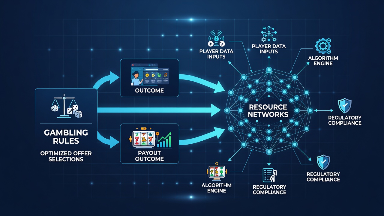 Visualization of payout outcome nodes connected via regulatory pathways and offer selection filters in a gambling resource network