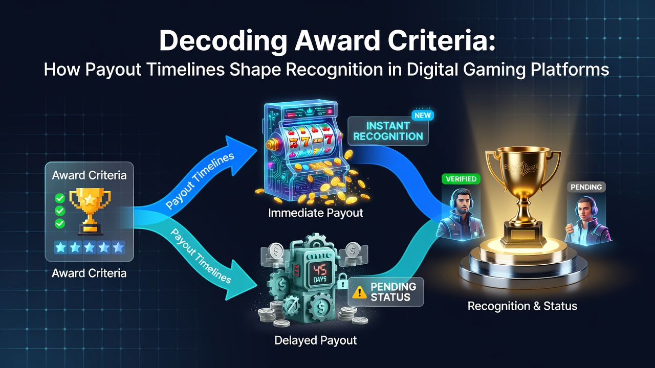 Digital gaming award ceremony with trophy and payout timeline graphics displayed on screens