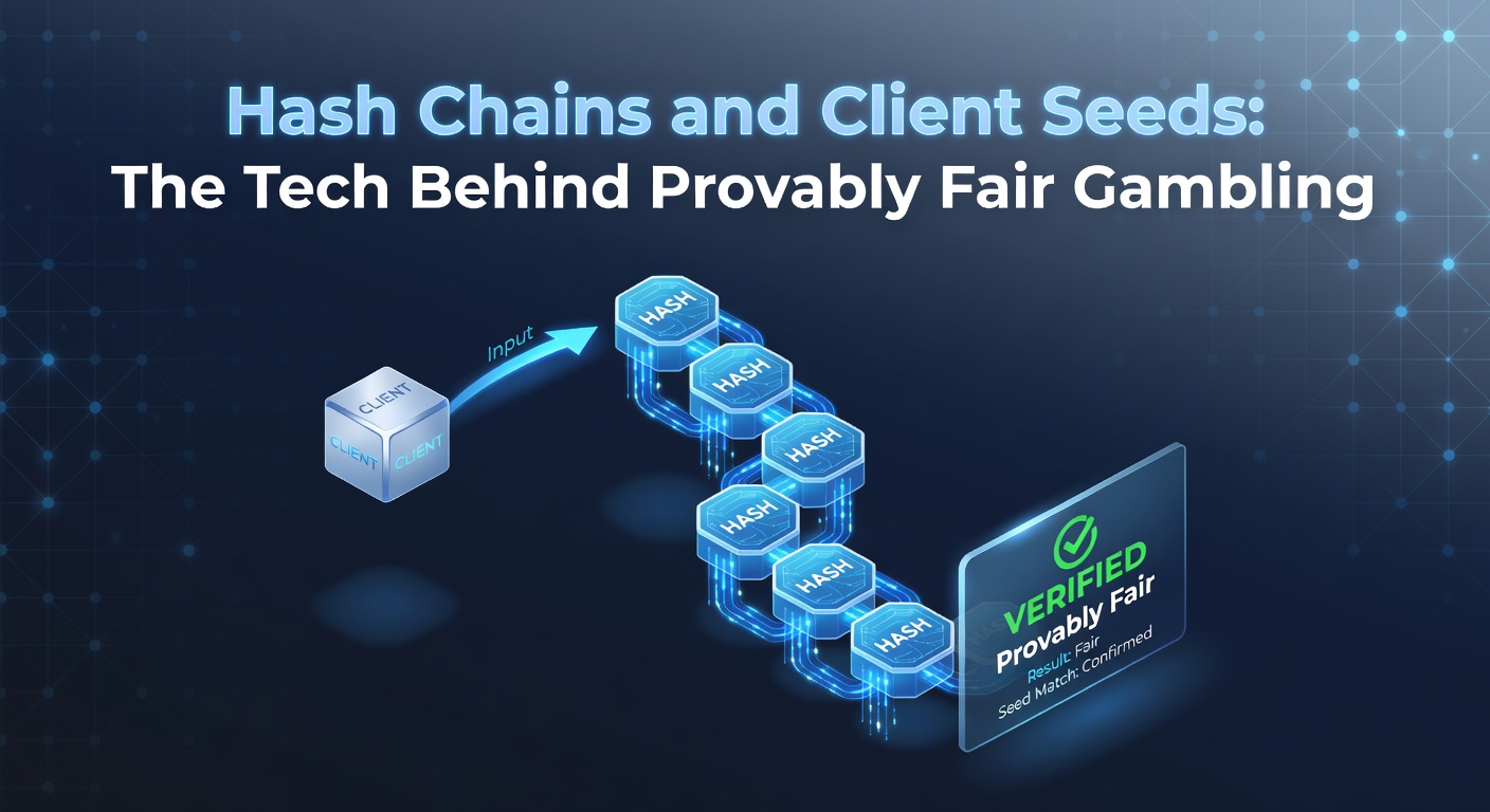 Visual representation of a hash chain linking cryptographic hashes in a provably fair gambling sequence