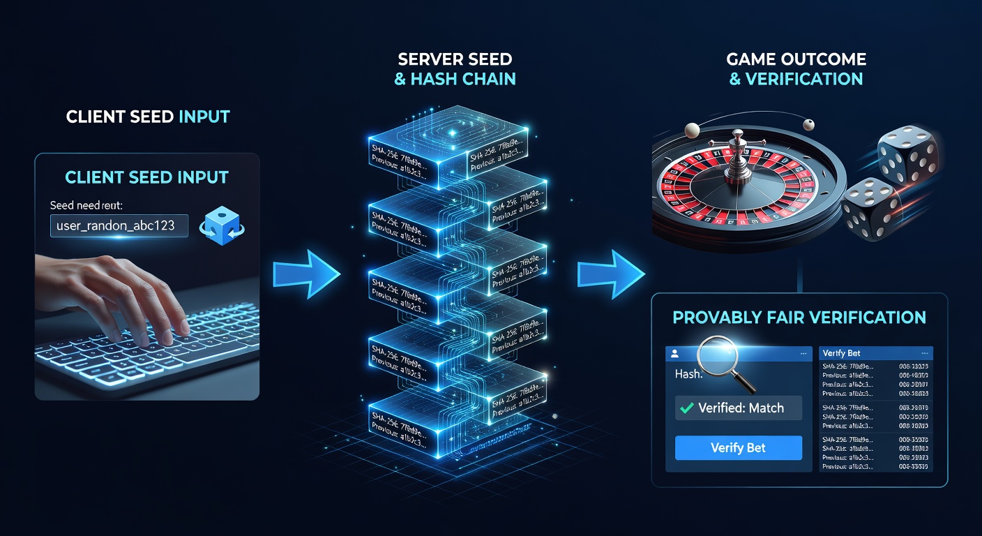 Diagram showing client seed integration with server hash chain in a provably fair verification process