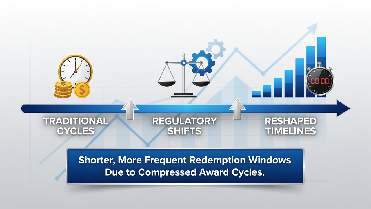 Infographic showing regional differences in bonus redemption timelines under new award cycles
