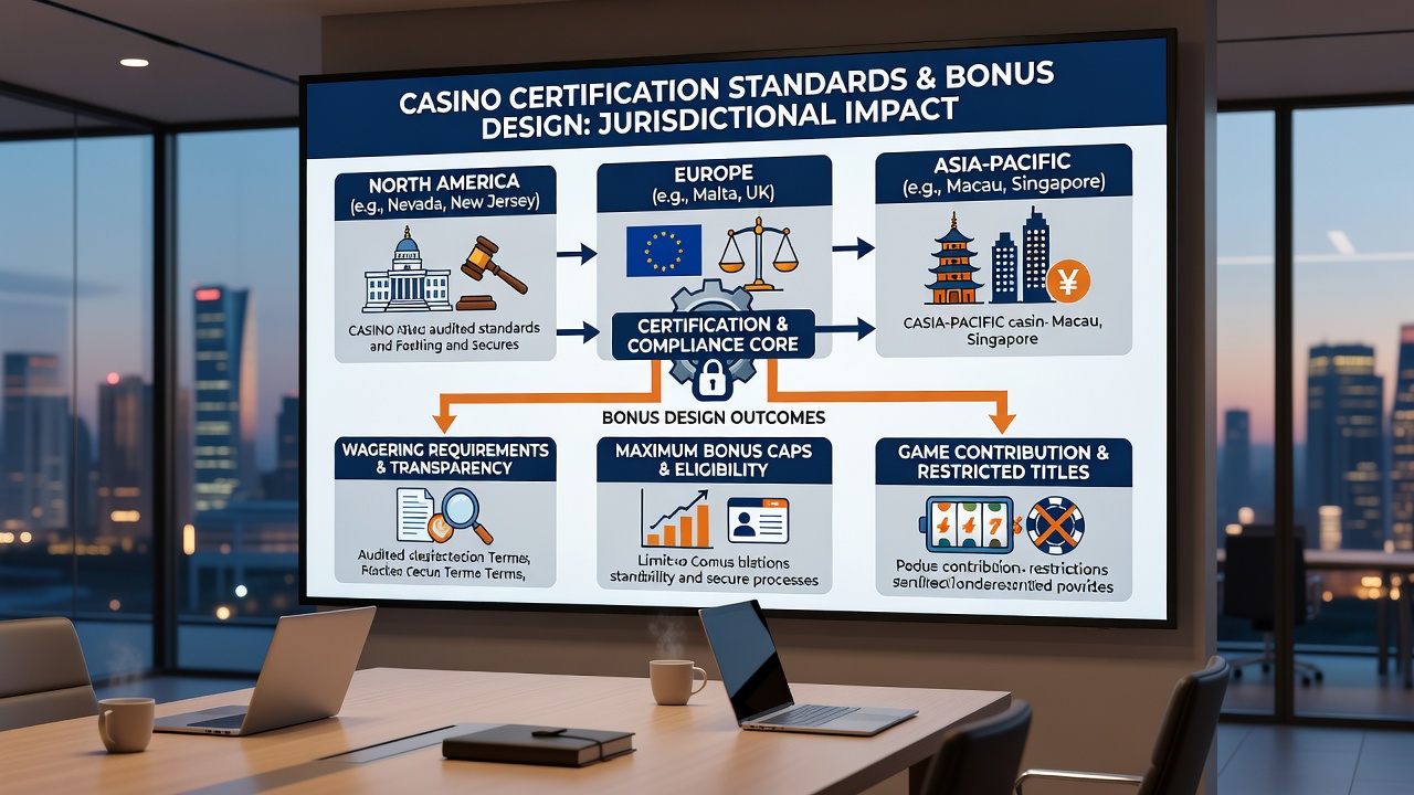 Comparison of bonus terms across certified jurisdictions showing variations in wagering and game eligibility