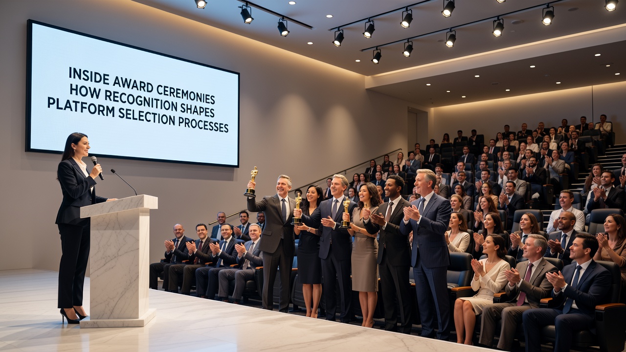 Award ceremony stage with presenters and winners holding trophies during a formal recognition event