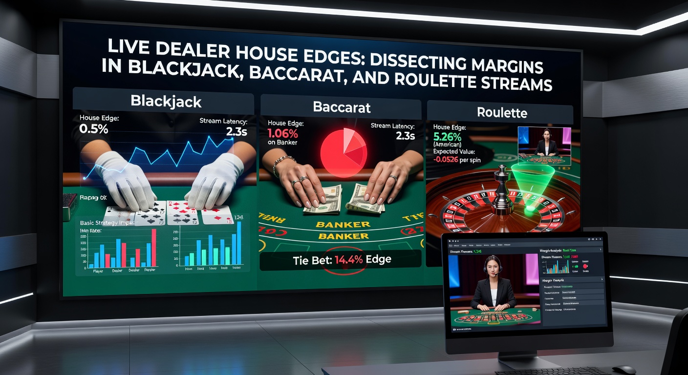 Live dealer table with cards and roulette wheel in a streamed casino environment, highlighting the precision of house edge calculations