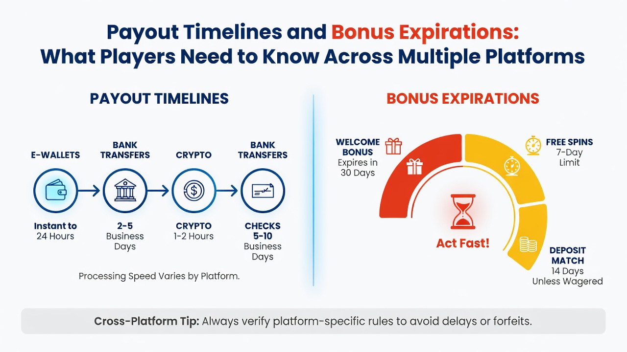 Overview of payout timelines and bonus expirations across gaming platforms