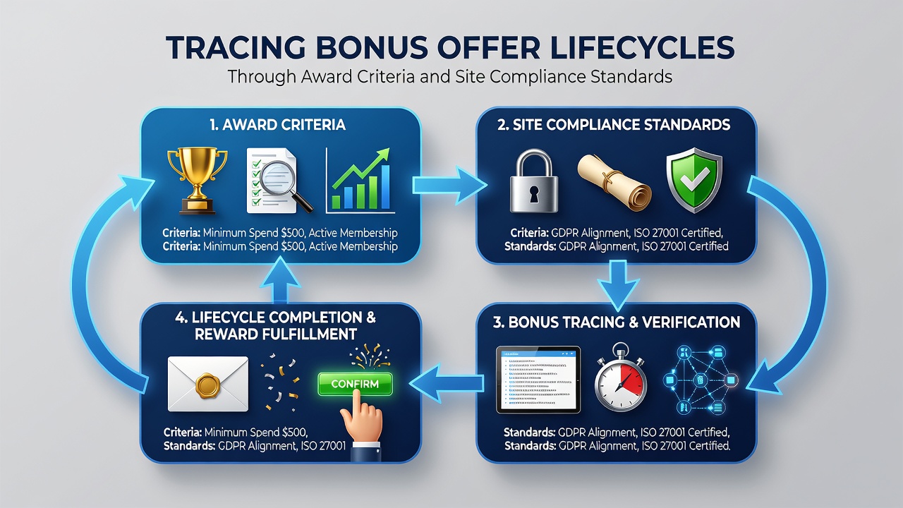 Diagram showing stages of bonus offer development from creation through compliance review and award evaluation