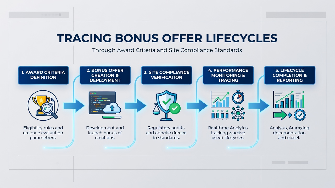 Flowchart illustrating compliance checkpoints during bonus offer evaluation and lifecycle tracking