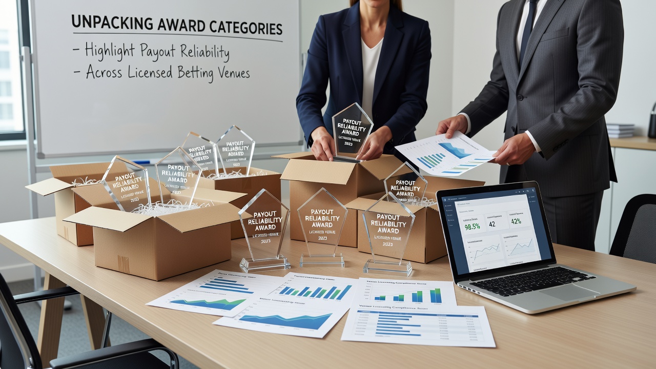 Award ceremony setup with plaques and documents representing payout reliability categories in licensed betting venues